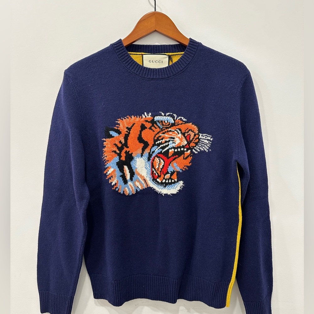 GUCCI SWEATER INTARSIA WOOL BLUE/MULTICOL SIZE Small